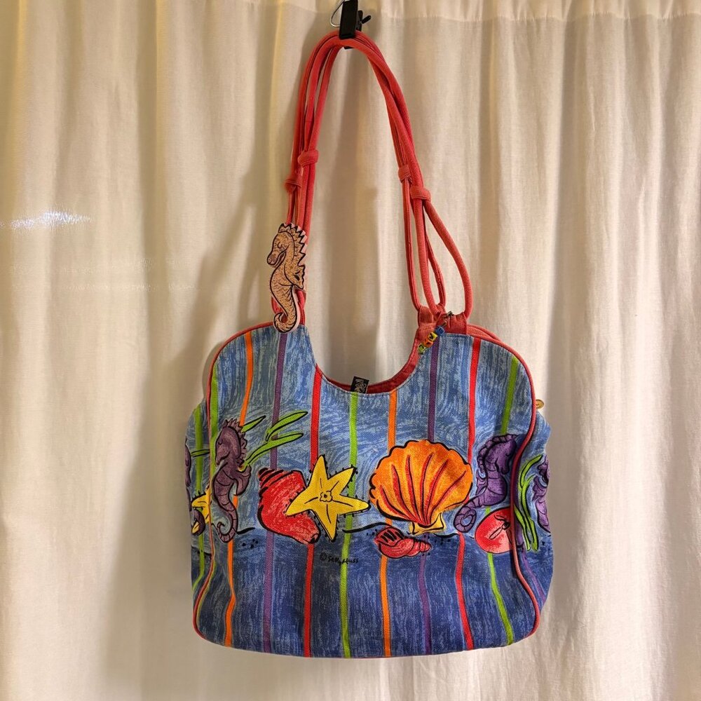 Sally Huss Life Is Wonderful Seahorse Beach Tote Canvas Bag Coastal Vintage
